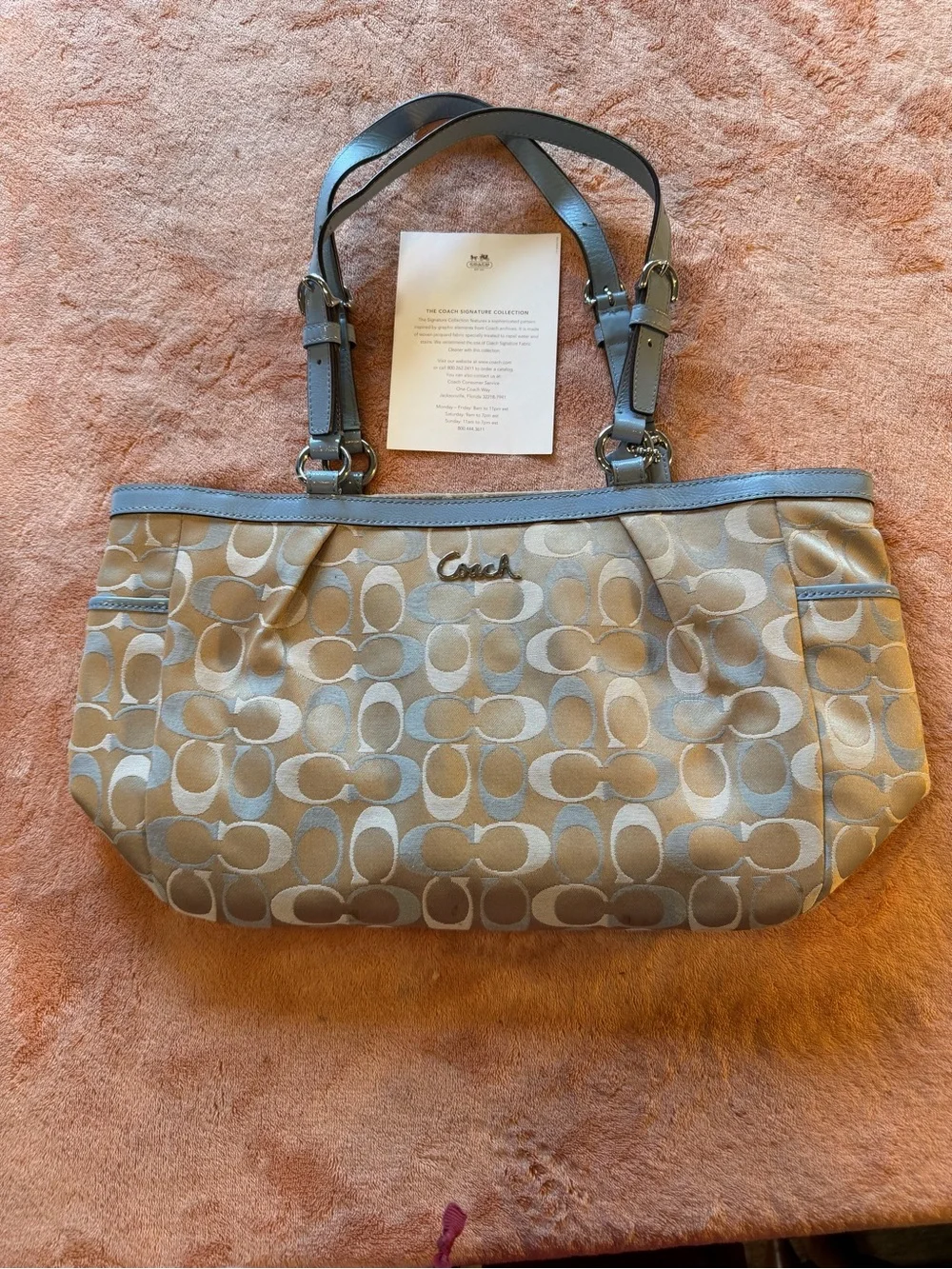 Coach Beige Signature Shoulder Bag with Blue Trim